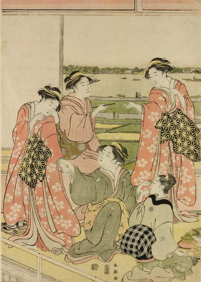 Katsukawa Shuncho Four Images And Kamuro In Yoshiwara Tea House Overlooking The Rice Fields Default Title