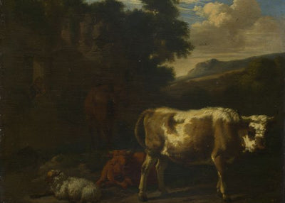 Dirck van den Bergen, Two Calves, a Sheep and a Dun Horse by a Ruin Default Title