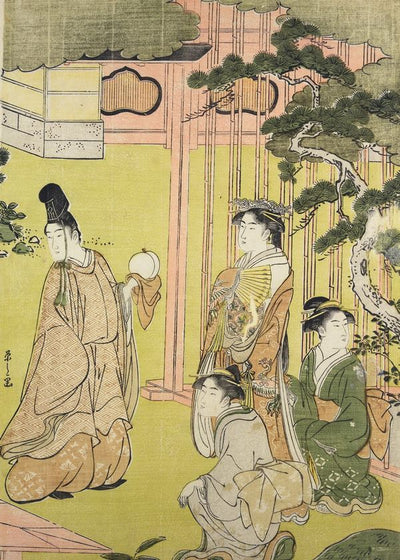 Chobunsai Diptych Prince Genji Walks In The Garden With A Peach On A Silk Scarf In Rukah painting Default Title