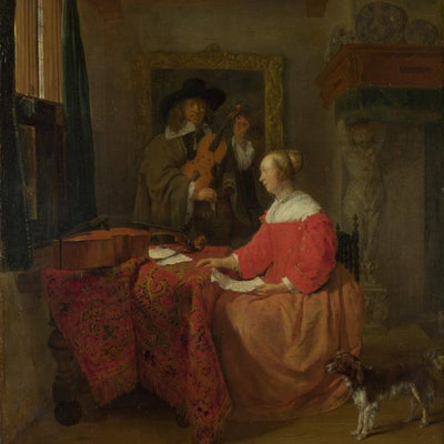 Gabriel Metsu, A Woman seated at a Table and a Man tuning a Violin Default Title