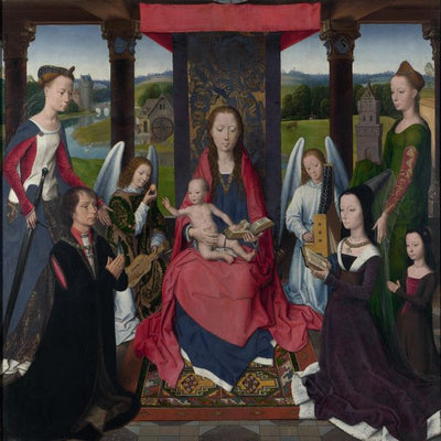Hans Memling, Donna Triptych The Central Panel. Virgin And Mlad.Na Throne With Sv.Ekater, St. Barbara, Angels And Donators Default Title