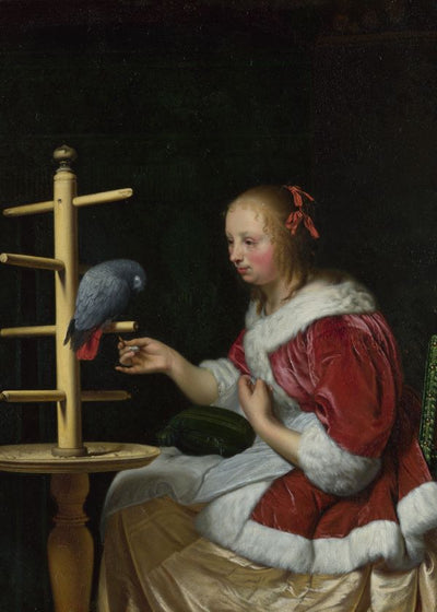 Frans van Mieris the Elder A Woman in a Red Jacket feeding a Parrot Default Title