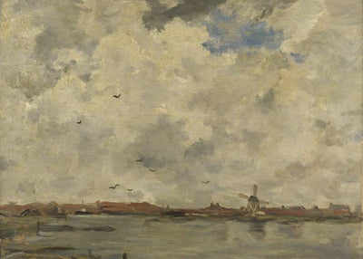 Jacob Maris, A Windmill and Houses beside Water, Stormy Sky Default Title