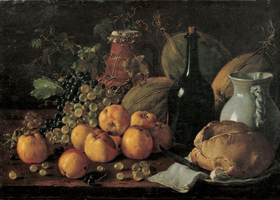 Melendez, Luis Egidio, Still Life with Apples, grapes, melon, bread, jug and bottle Default Title