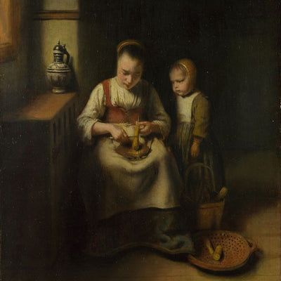 Nicolaes Maes, A Woman scraping Parsnips, with a Child standing by her Default Title