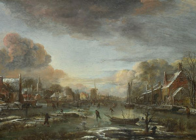 Aert van der Neer, A Frozen River by a Town at Evening Default Title
