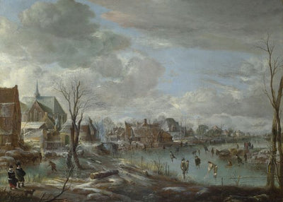 Aert van der Neer, A Frozen River near a Village, with Golfers and Skaters Default Title