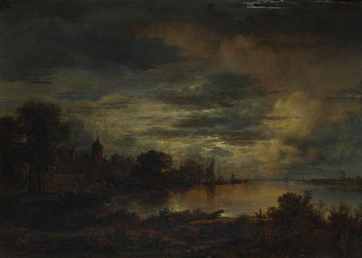 Aert van der Neer, A Village by a River in Moonlight Default Title