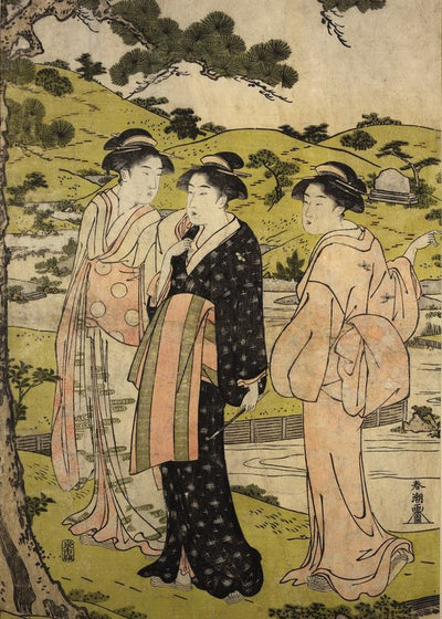 Katsukawa Shuncho Part Triptych Of Women And Girls Going Into The Temple Of Inari Default Title