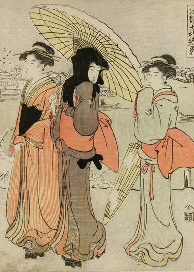 Katsukawa Shuncho Three Girls With Umbrellas Walking In A Snowy Day On The Bank Of The Sumida River Default Title