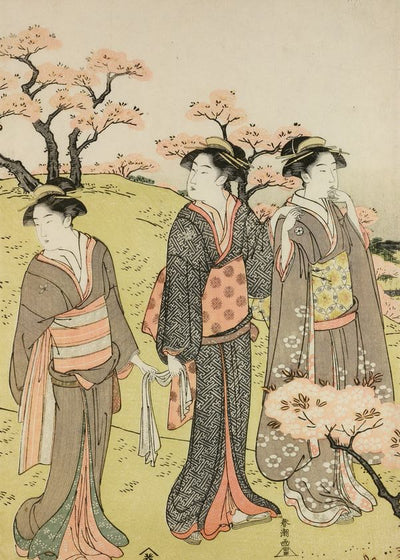 Katsukawa Shuncho Three Young Women Walking Among The Cherry Trees On The Hill Akayama Default Title