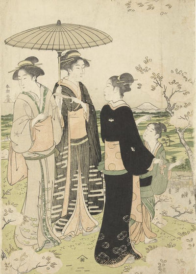 Katsukawa Shuncho Triptych Enjoying Cherry Blossoms On Asukayama art Default Title