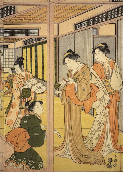 Katsukawa Shuncho Triptych Masked Dance Goddess Okame In A Tea House In The Yoshiwara painting Default Title