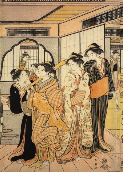 Katsukawa Shuncho Triptych Masked Dance Goddess Okame In A Tea House In The Yoshiwara Default Title