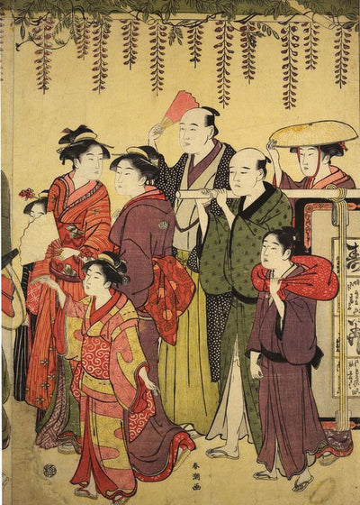 Katsukawa Shuncho Triptych Procession Of Men And Women Going To The Temple Under A Wisteria Trellis art Default Title