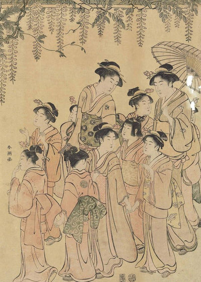 Katsukawa Shuncho Triptych Procession Of Men And Women Going To The Temple Under A Wisteria Trellis Default Title