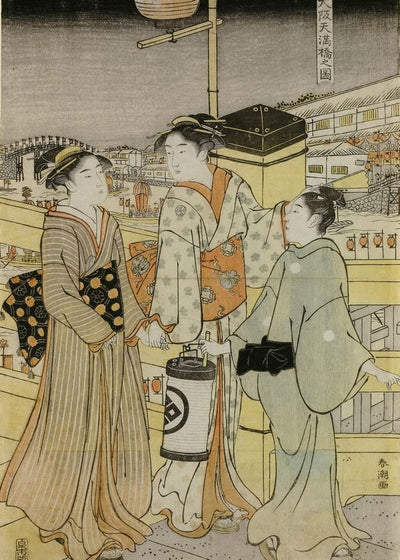 Katsukawa Shuncho Two Girls And A Maid With A Lantern On The Bridge In Osaka Topic Default Title