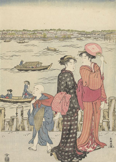Katsukawa Shuncho Two Women And A Boy On A River Embankment Default Title