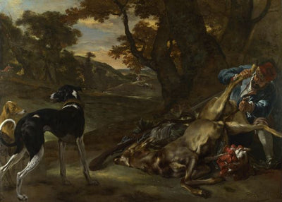 Jan Baptist Weenix, A Huntsman cutting up a Dead Deer, with Two Deerhounds Default Title